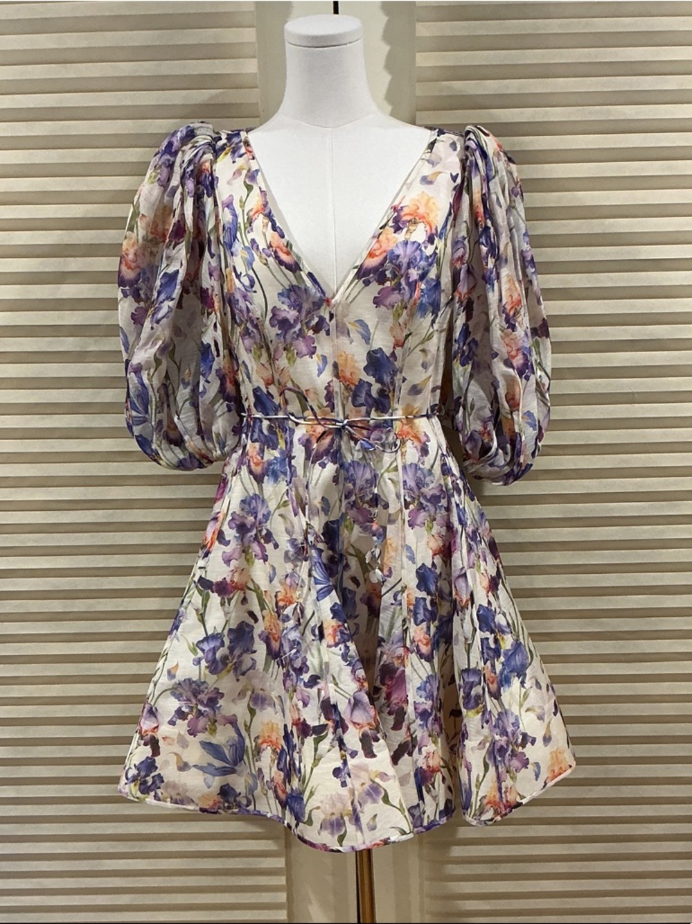 NWOT Zimmermann Floral Puff-Sleeve V-Neck Dress in Cream/Purple, Size AU 2 = M